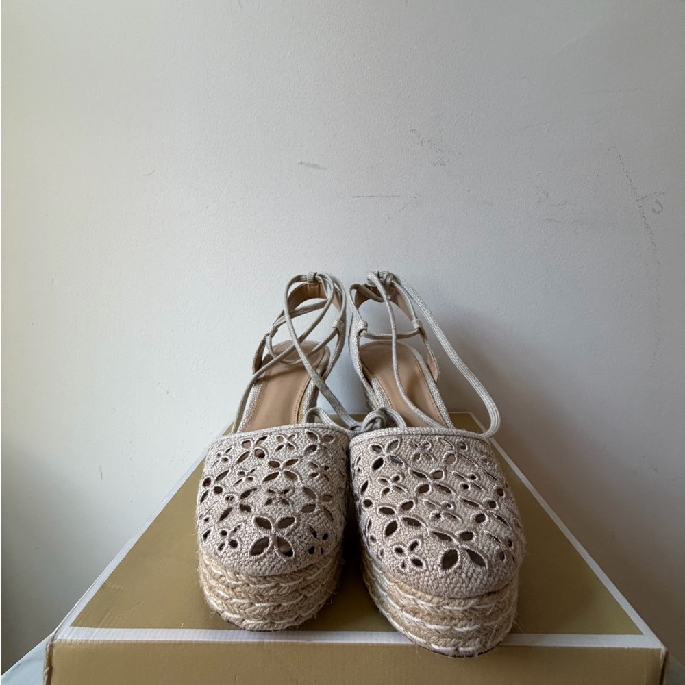 Michael Kors Natural Beige Woven Cotton Espadrille Wedge Sandals - Picture 3 of 6